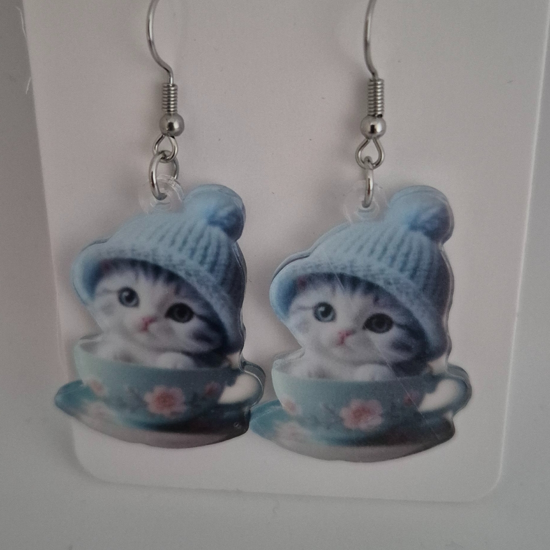 Ohrringe - Katze in Tasse- Blau -