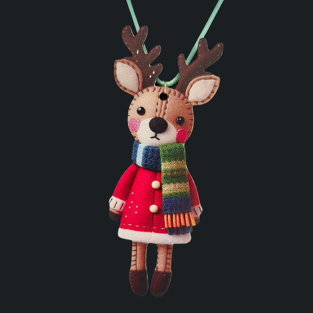 Rentier - Roter Mantel - Weiße Bommel- aus Holz