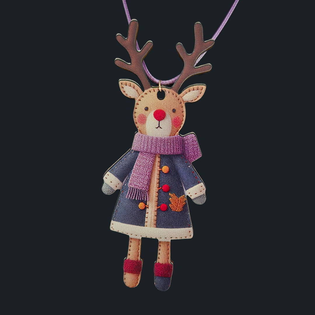 Rentier - Blauer Mantel - Lila Schal - aus Holz