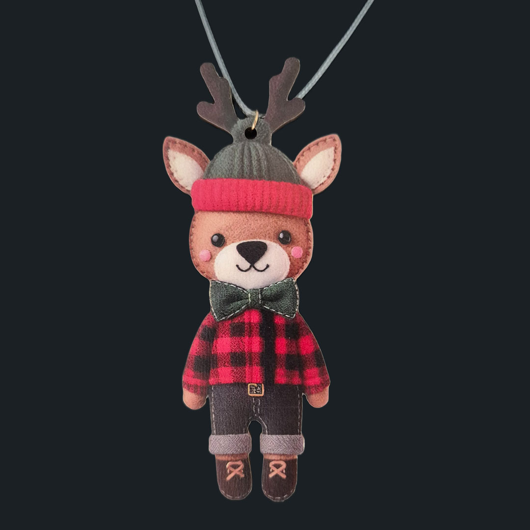 Rentier - Grüne Schleife - Karierter Pullover - aus Holz