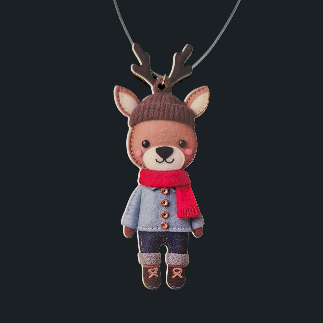 Rentier - Blauer Pullover - Roter Schal - aus Holz