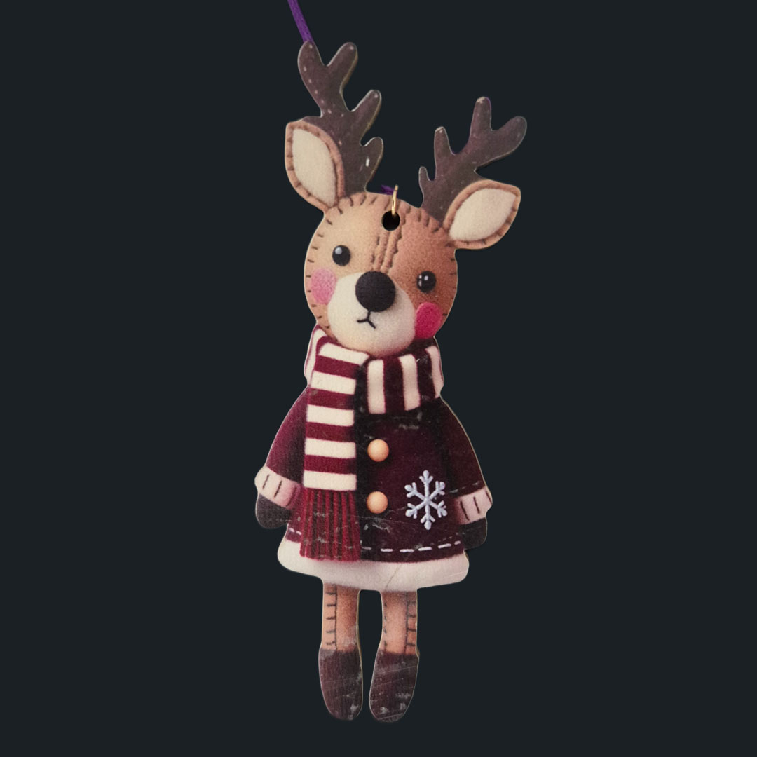 Rentier - Bordeaux Roter Mantel - gestreifter  Schal - aus Holz