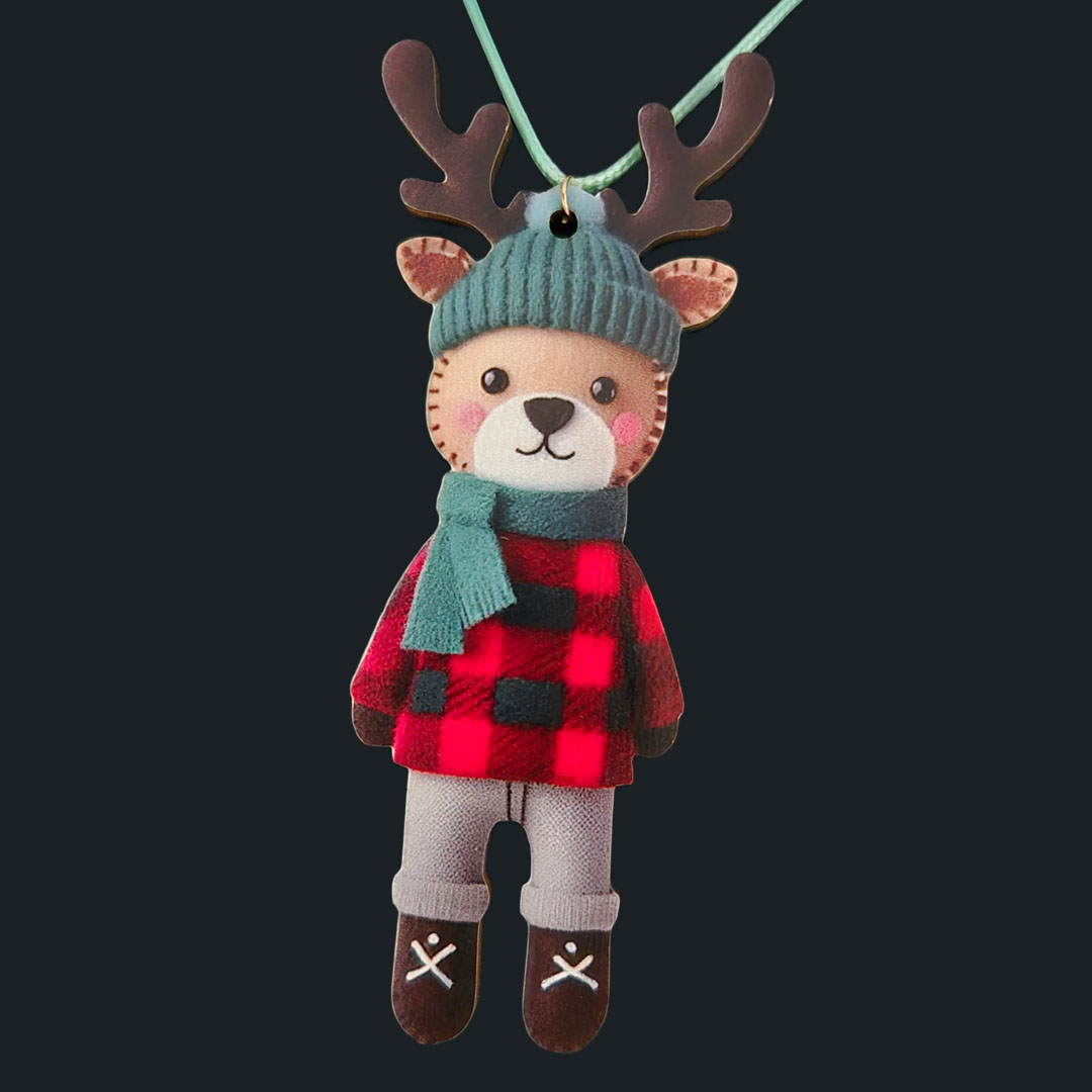 Rentierpuppe - Blauer Schal - Karierter Pullover - aus Holz
