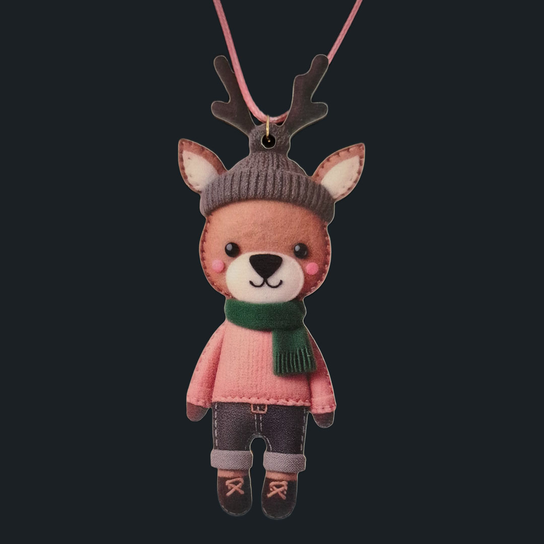 Rentier - Rosa Pullover - Grüner Schal - aus Holz