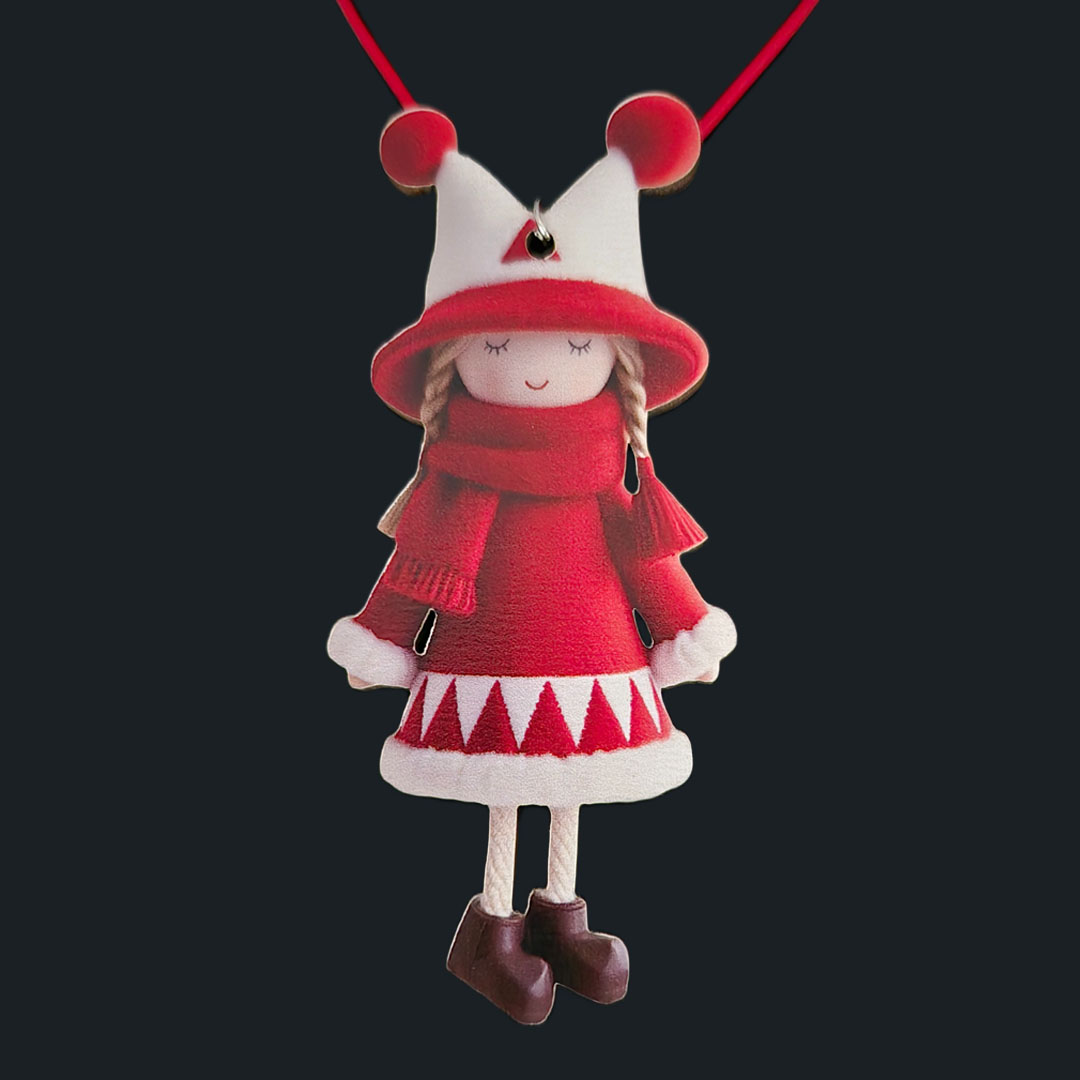 Puppe mit Zöpfen - Kleid Rot - Dreiecke- Holz