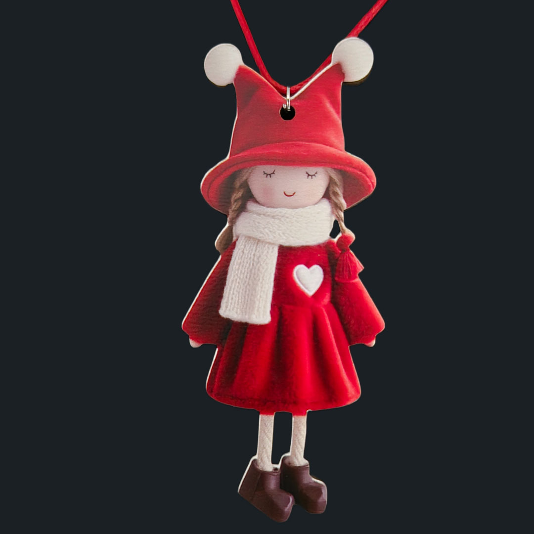 Puppe - Rotes Kleid - Weißes Herz - Holz