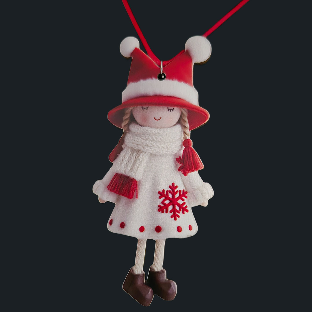 Puppe - Weißes Kleid - Rote Schneeflocke - Holz