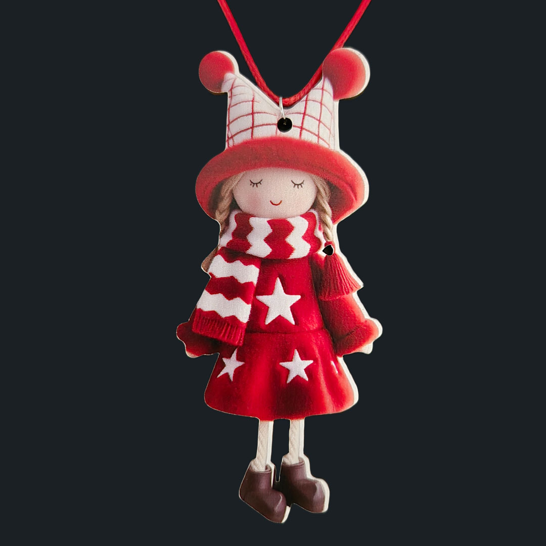 Puppe - Rotes Kleid - Weiße Sterne - Holz