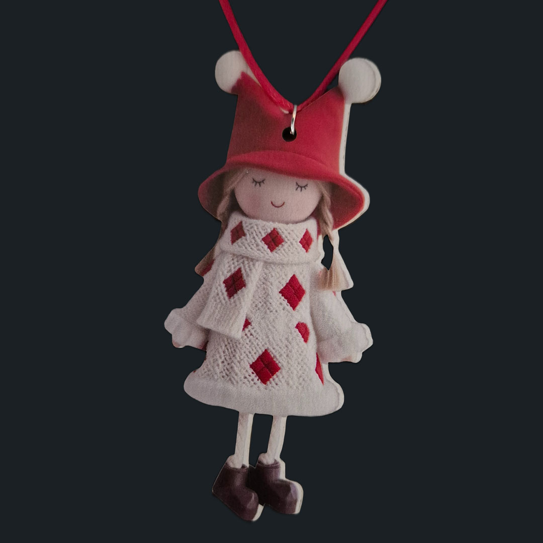 Puppe - Weißes Kleid - Rote Karos - Holz