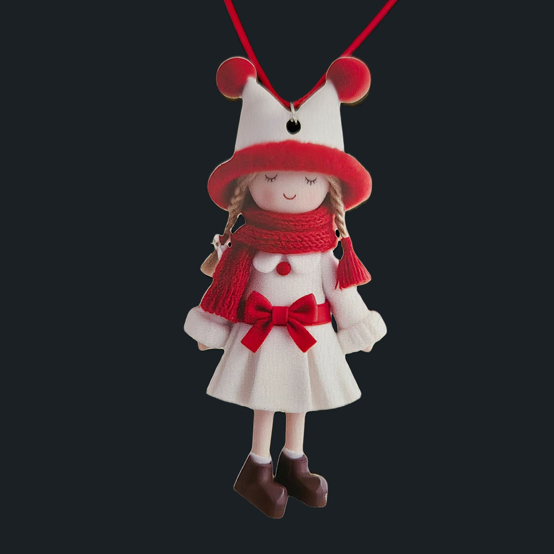 Puppe - Weißes Kleid - Rote Schleife - Holz