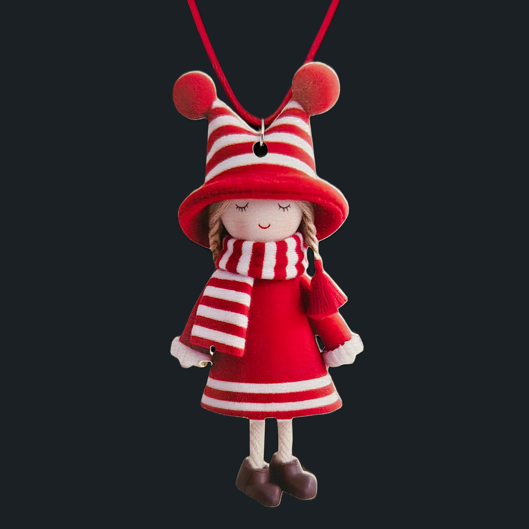 Puppe - Rotes Kleid - Zwei Weiße Streifen - Holz