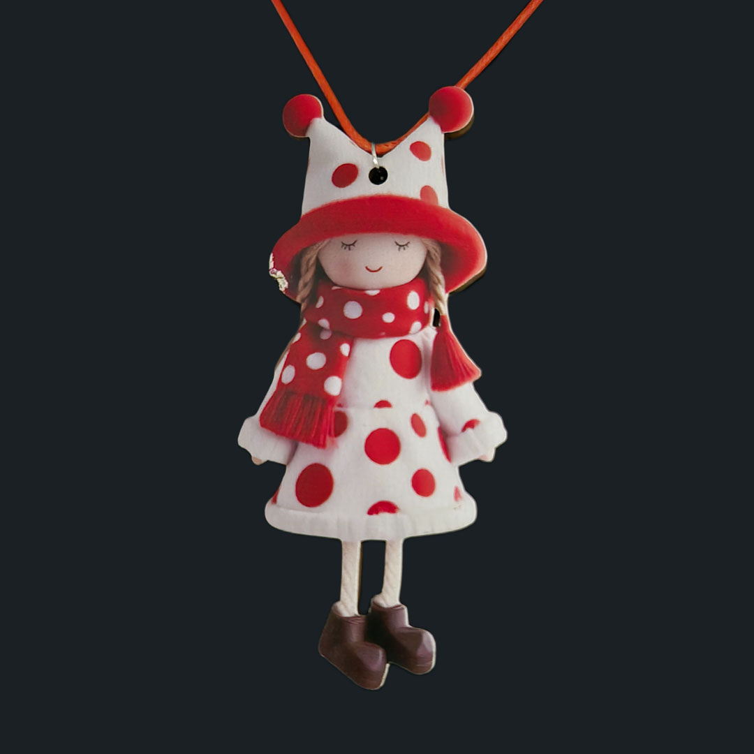 Puppe - Weißes  Kleid - Rote Punkte - Holz