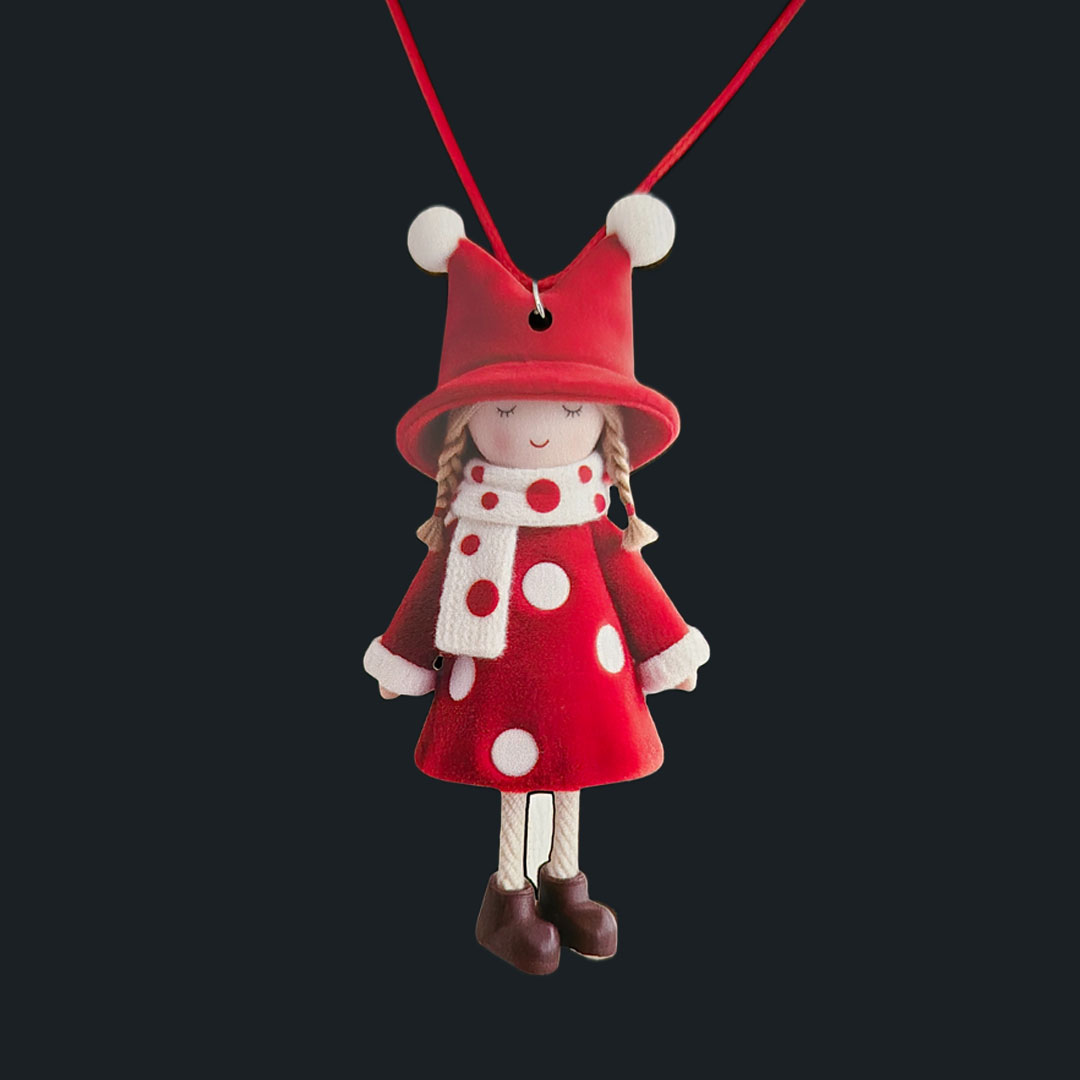 Puppe - Rotes Kleid - Weiße Punkten - Holz