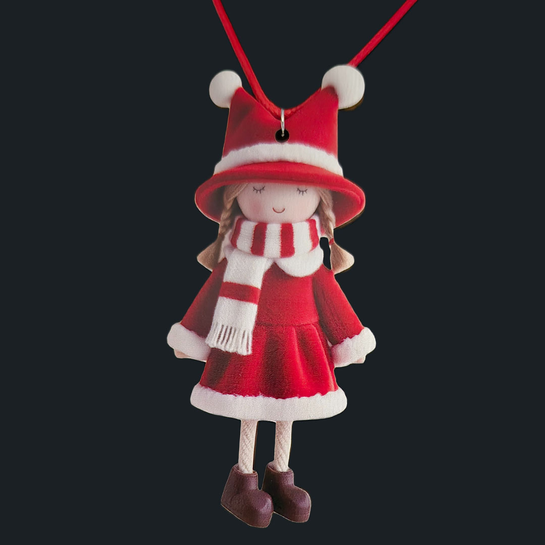 Puppe - Rotes Kleid - Weißer Rand - Holz