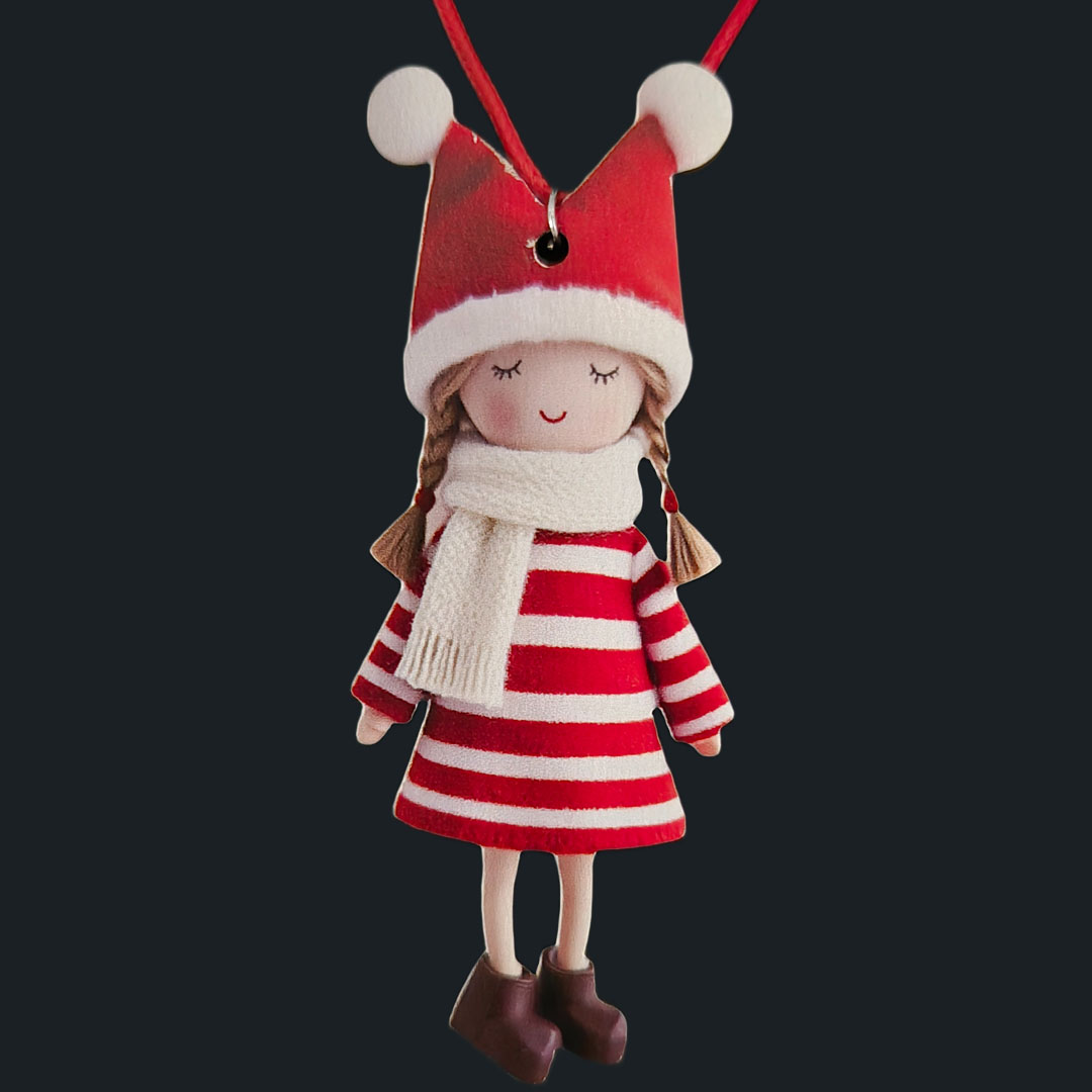 Puppe - Kleid - Rot - Weiß - Gestreift -Holz