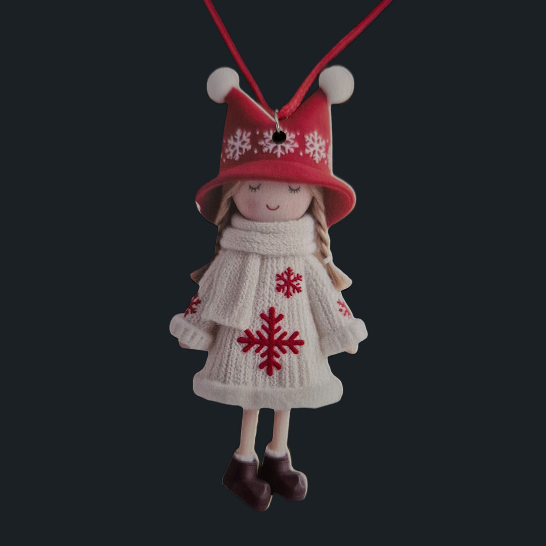 Puppe - Weißes Kleid - Rote Schneeflocken - Holz