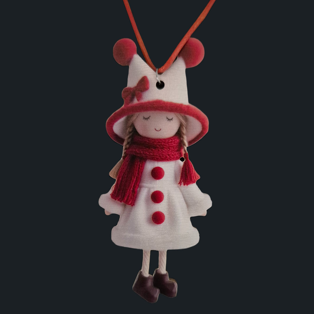 Puppe - Weißes Kleid - Drei Rote Bommel - Holz