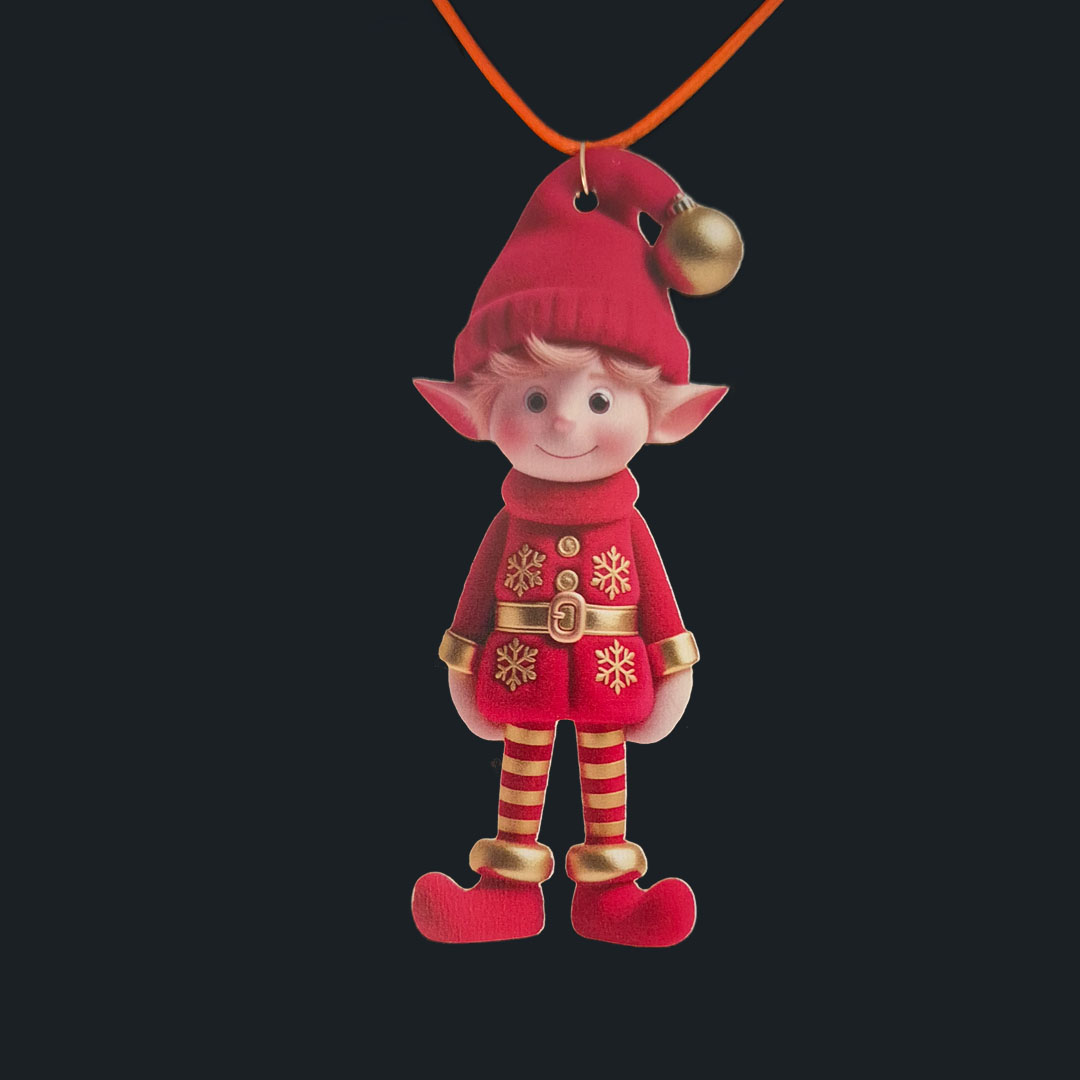 Elf - Roter Pullover mit Goldenen Schneeflocken  - Holz