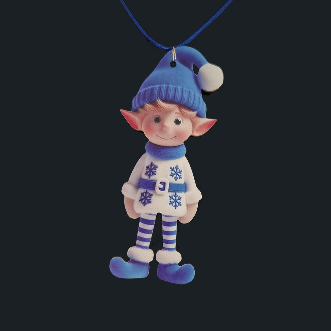 Elf - Weißer Pullover mit Blauen Schneeflocken  - Holz