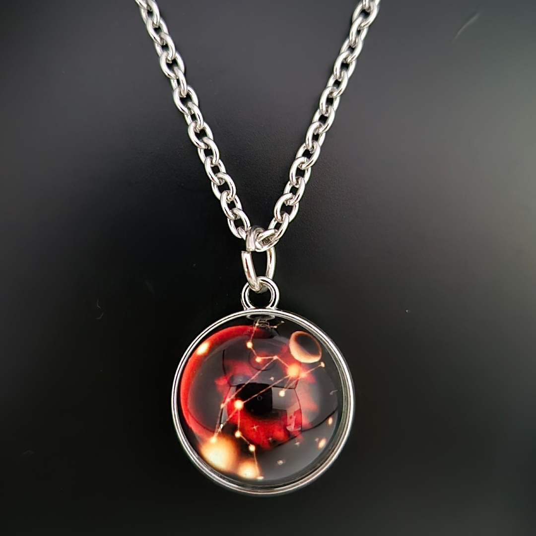 Edelstahlkette Weltall - Punkte - Rot -Glas