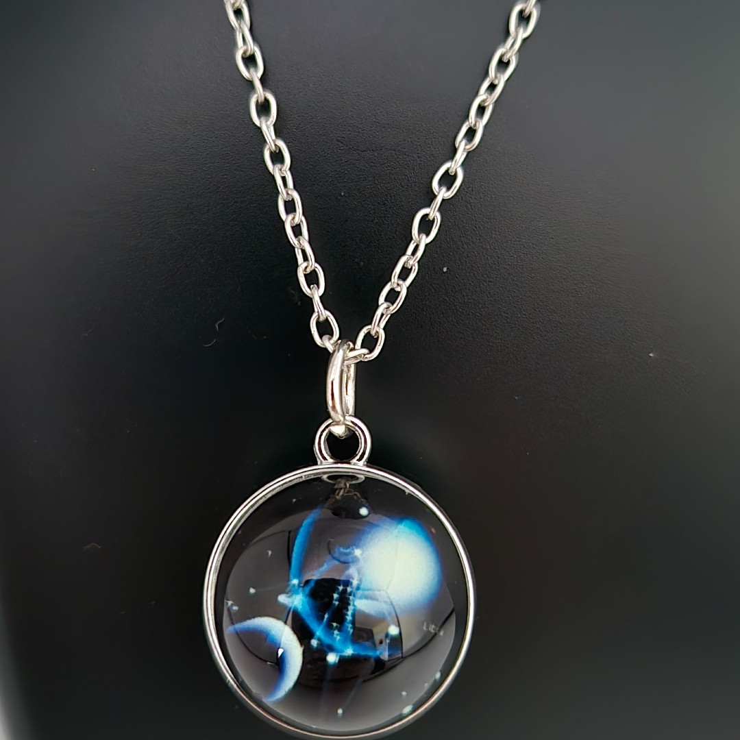 Edelstahlkette Weltall - Dicker Kreis - Blau- Glas