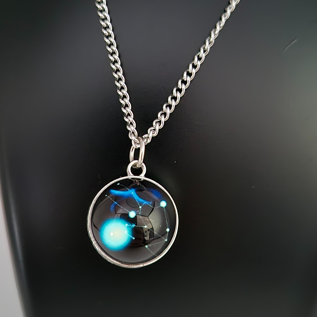 Edelstahlkette Weltall - Großer Mond - Blau -Glas