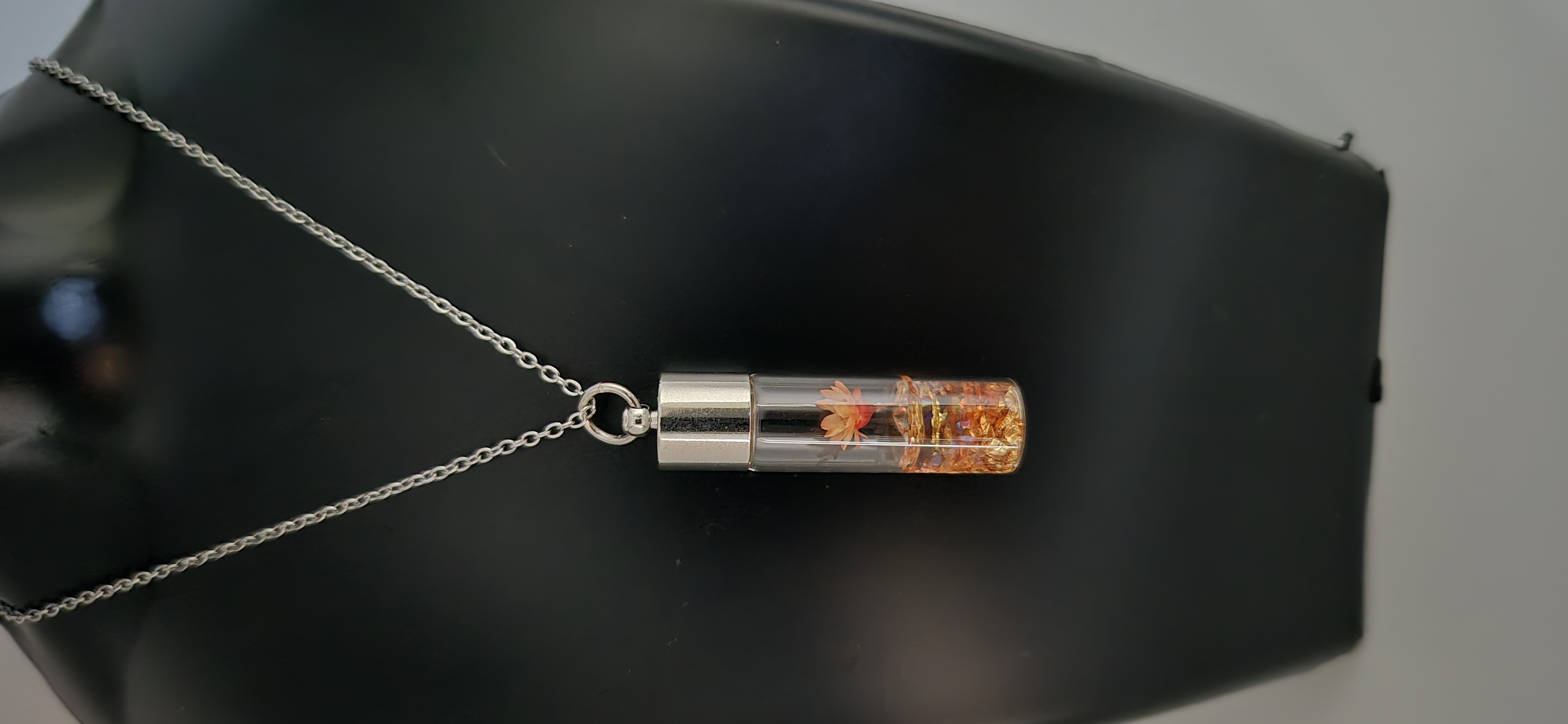 Edelstahlkette - Glas - Orange Trockenblumen