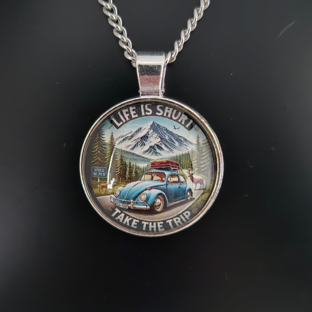 Edelstahlkette mit  Glasanhänger - VW - Blau