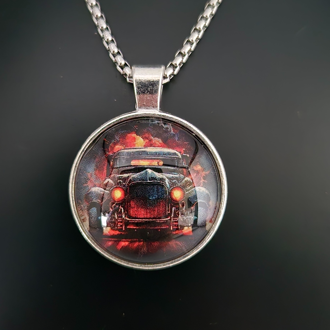 Edelstahlkette mit  Glasanhänger - Oldtimer - Feuer