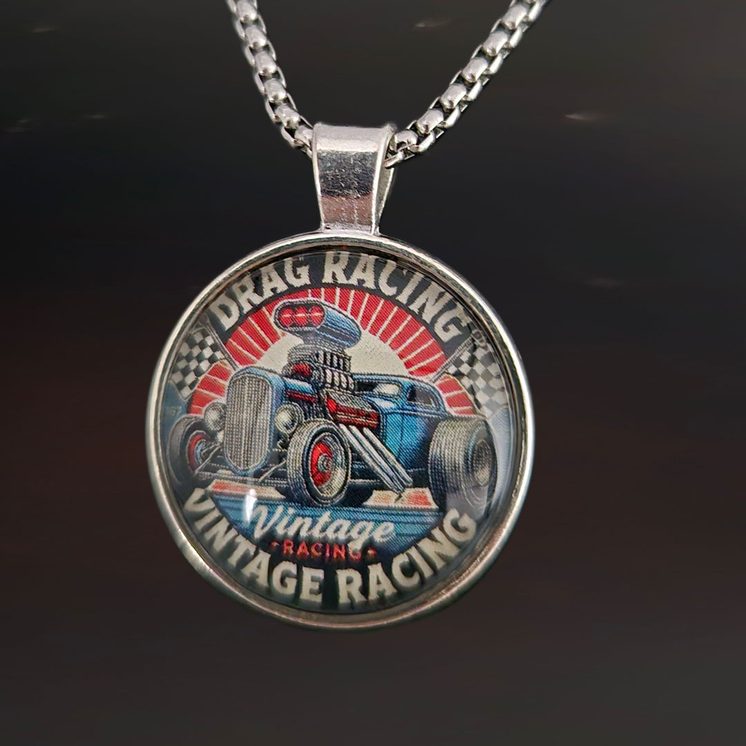 Edelstahlkette - Glasanhänger - Oldtimer - Racing