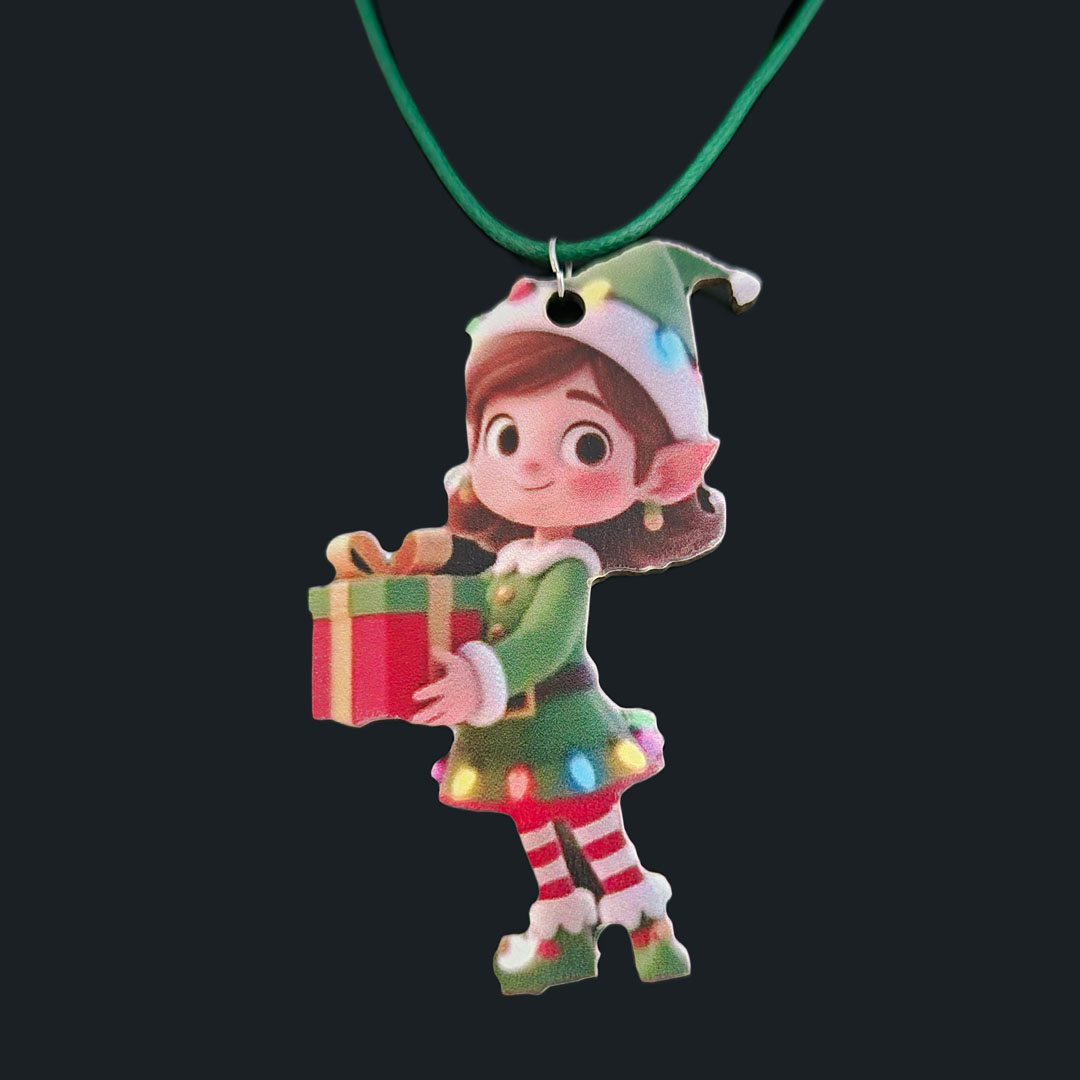 Weihnachtselfe - Grünes Kleid mit Geschenk in der Hand -- Holz