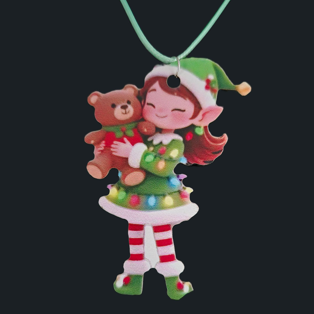 Weihnachtselfe - Grünes Kleid mit einem Bär in der Hand  - Holz