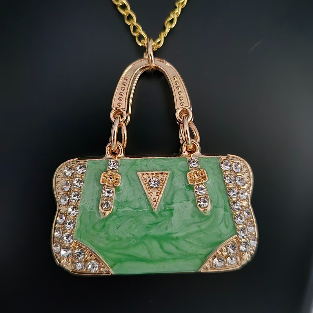 Kette mit Tasche - Grün - Weiße Steinchen