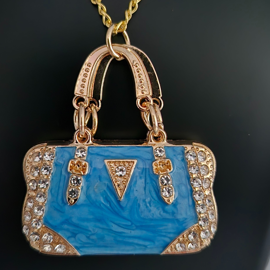 Kette mit Tasche - Blau - Weiße Steinchen