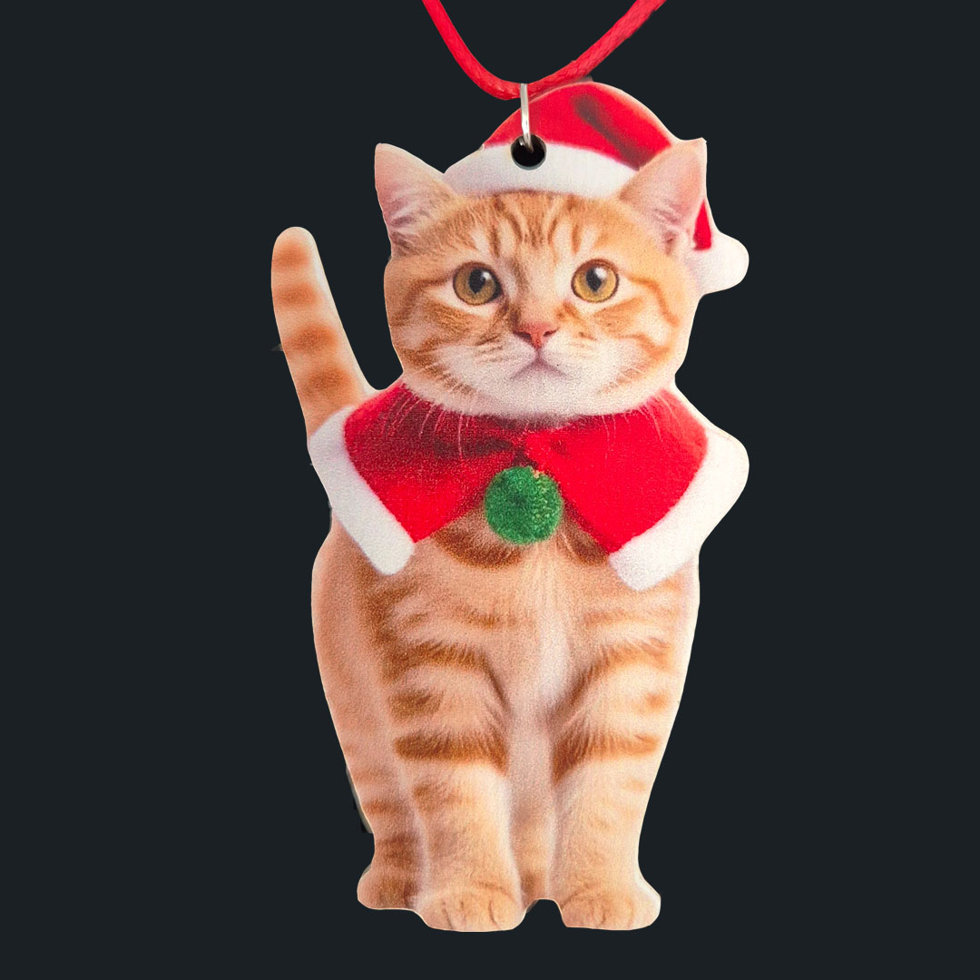 Katze - aus Holz -  Roter Umhang -  an Nylonband