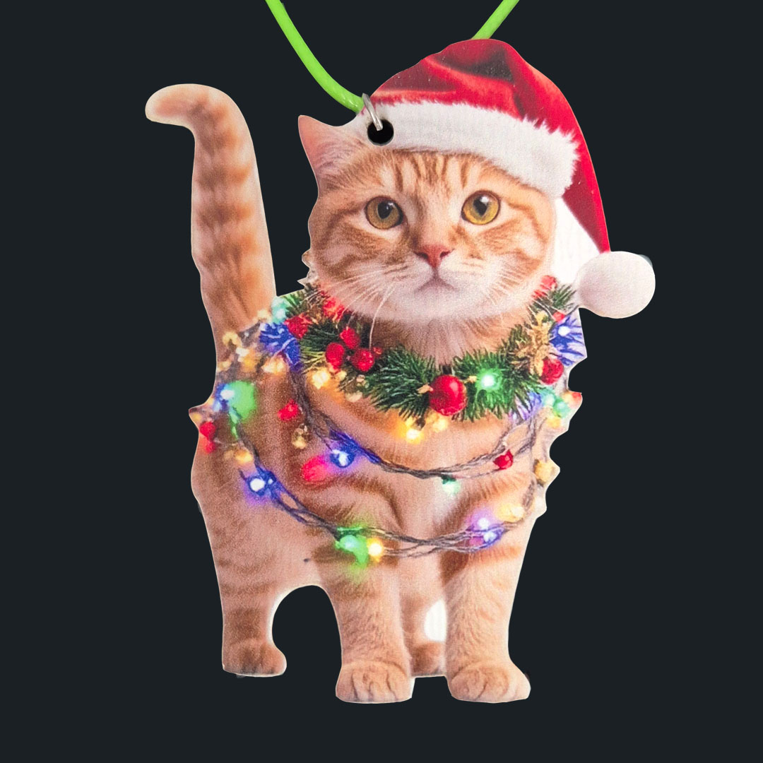 Katze - aus Holz - mit Bunter Lichterkette -  an Nylonband